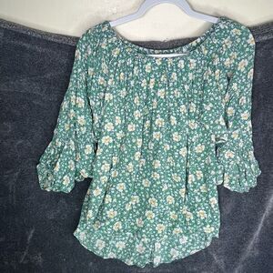 Sundance Women’s Floral Print Blouse Top 3/4 Balloon Sleeve Hi Low Hem Green siz